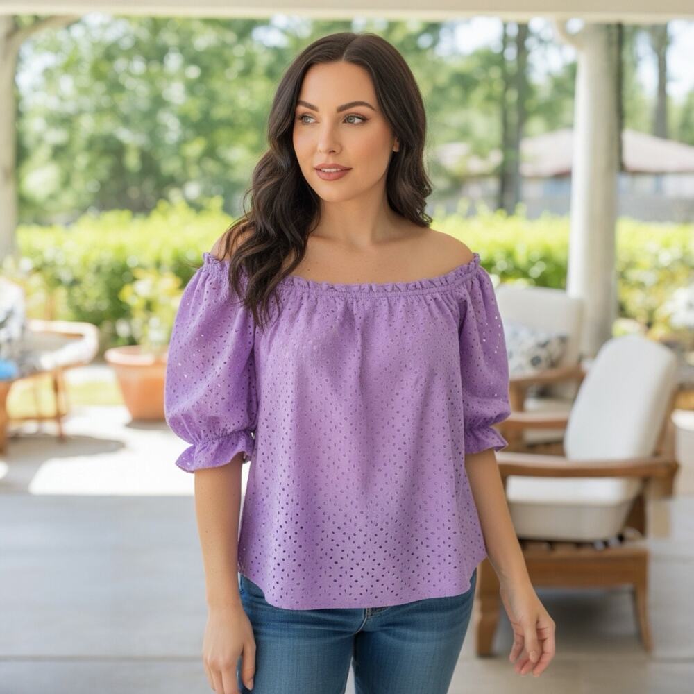 Pomander Place Purple Eyelet Off Shoulder 100% Embroidered Cotton Boho Top XL
